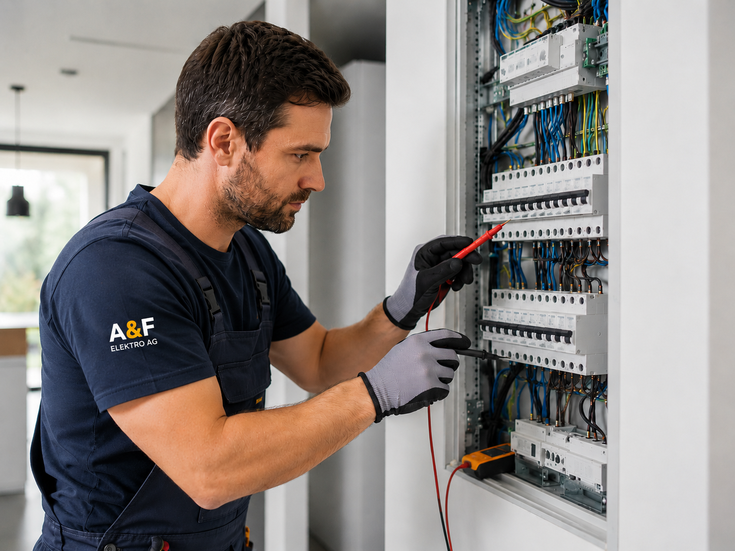 Elektriker prüft Elektroverteiler für Service, Reparaturen und Wartung in Biel/Bienne