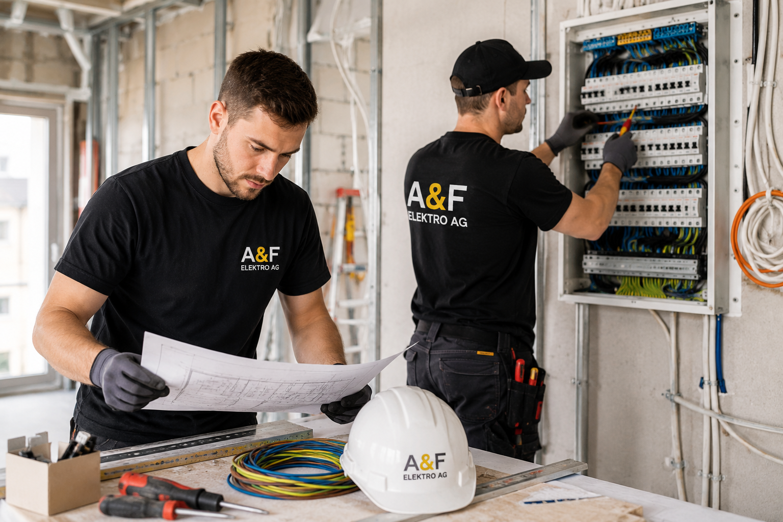 Elektro-Team von A&F Elektro AG arbeitet an Elektroinstallation in Biel/Bienne
